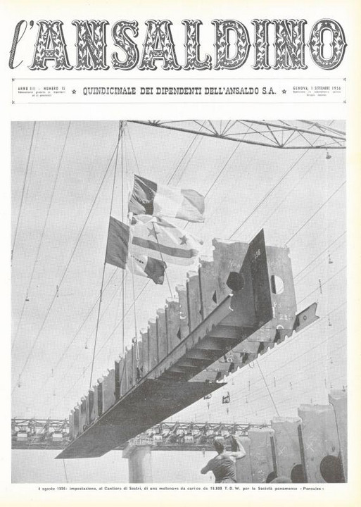 p. 1 (copertina), impostazione, ai Cantieri navali di Sestri Ponente, di una motonave da carico per la società panamense "Pansuiza", 1956